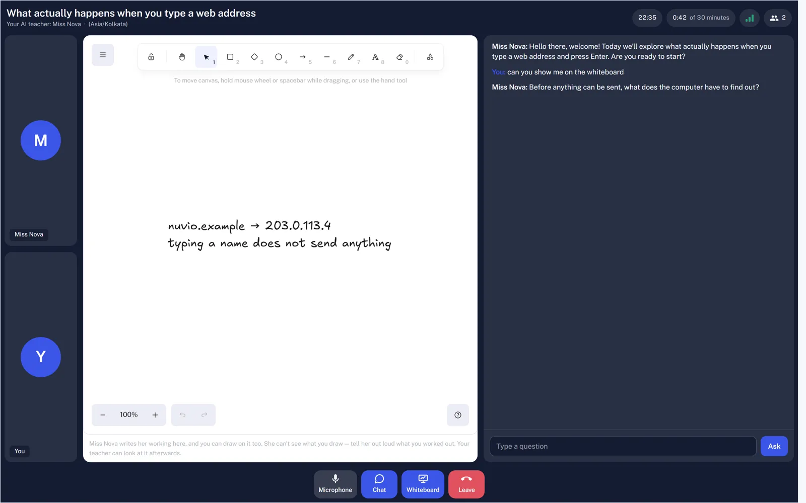 A full AI lesson: whiteboard, transcript and time remaining