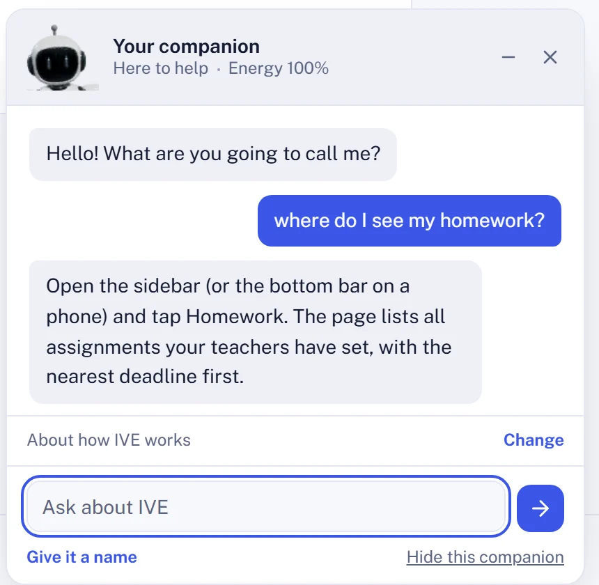 The companion answering where to find homework