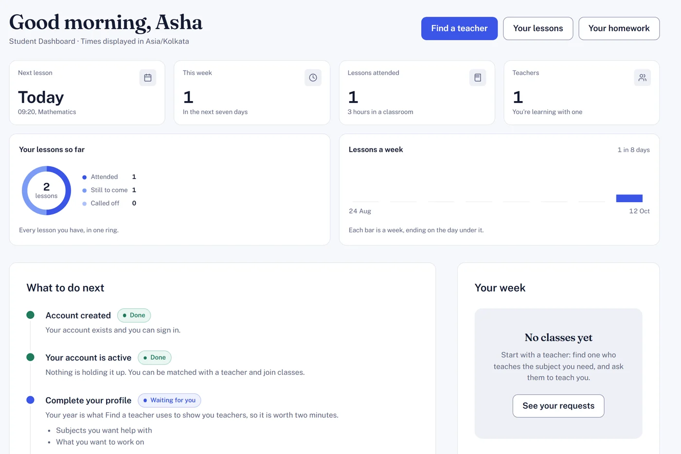 A student's dashboard: the next lesson, lessons this week, and what to do next