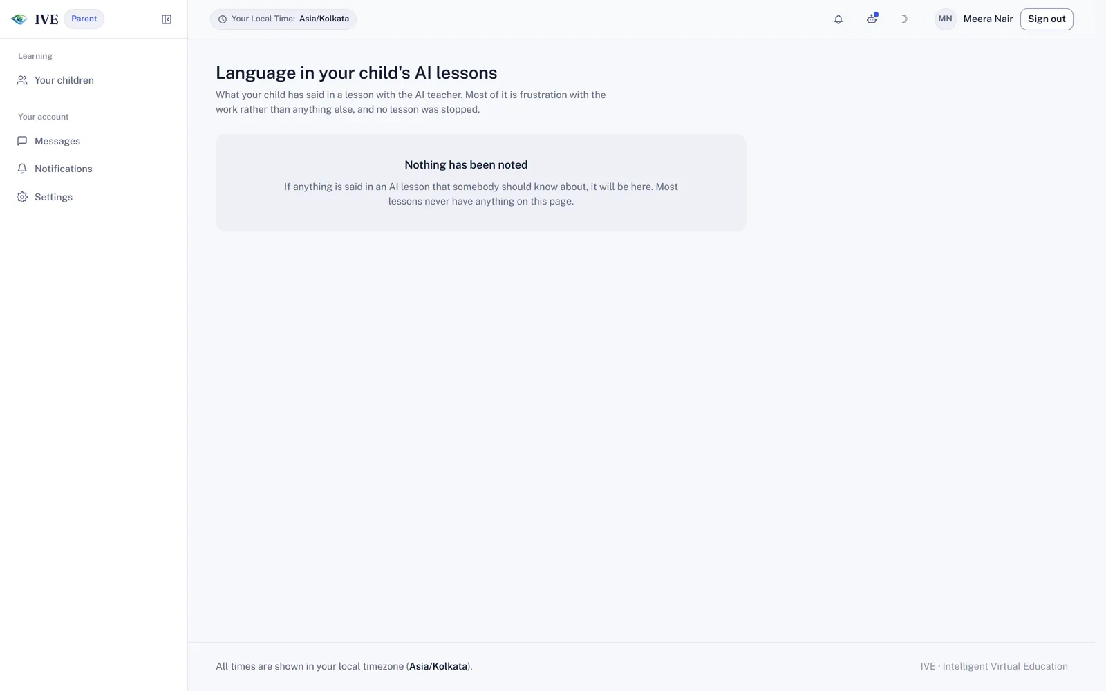 A parent's page showing language in their child's AI lessons, with nothing noted