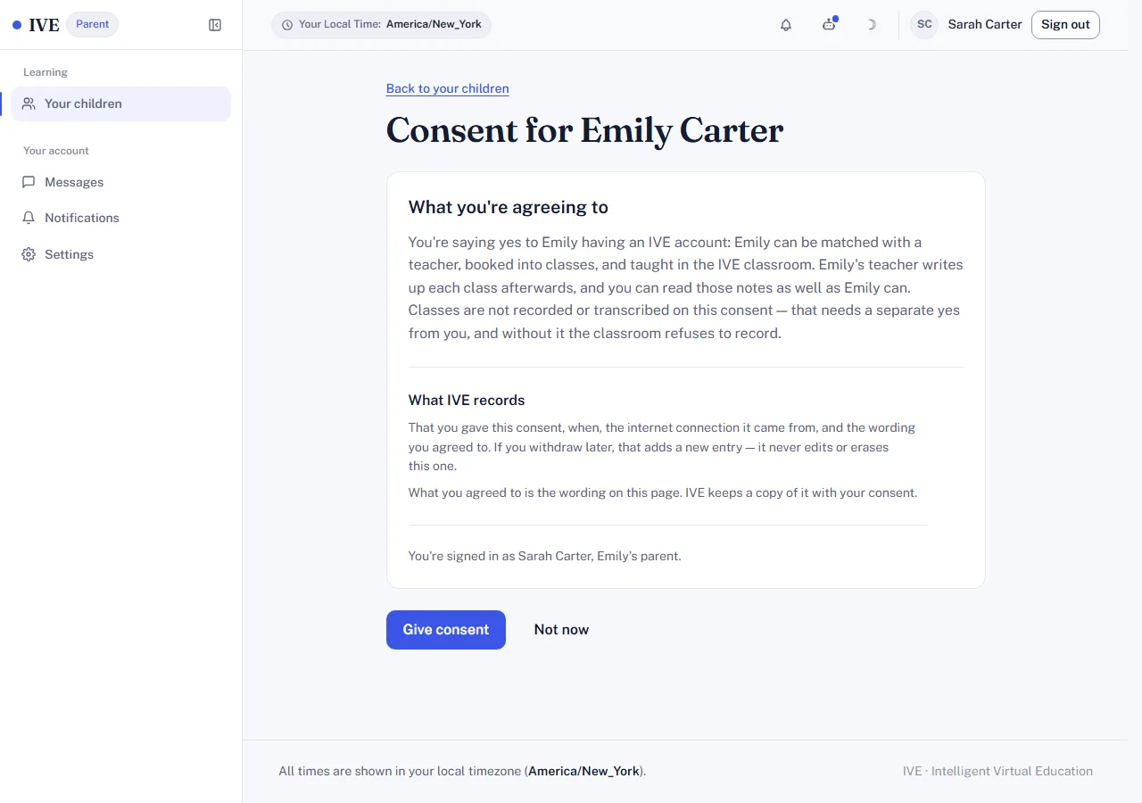 A parent's consent page, explaining what they are agreeing to and what IVE records
