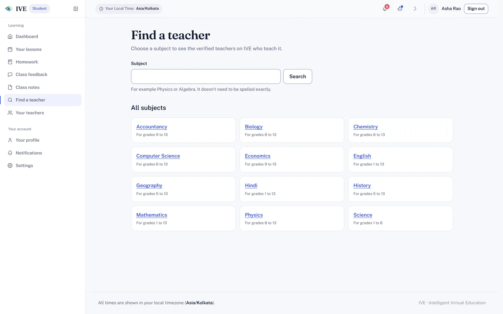 Find a teacher: a subject search and the list of subjects with grade ranges