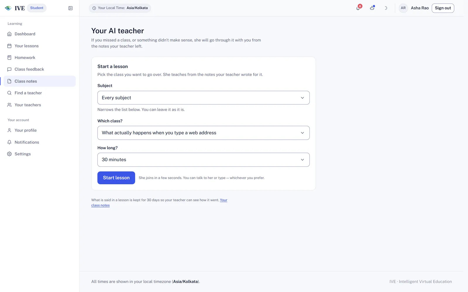 Your AI teacher: choose the class and how long, then start the lesson