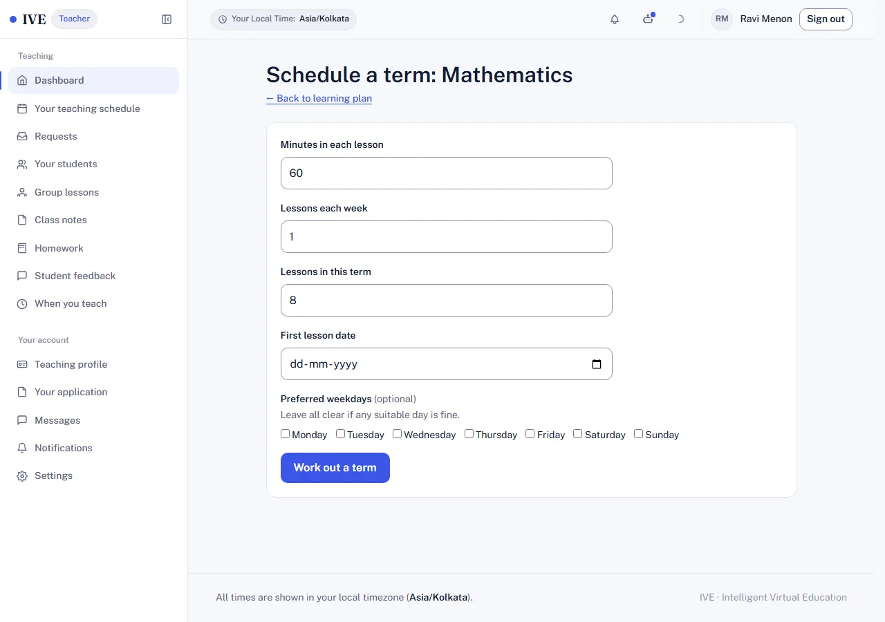 Scheduling a term: minutes in each lesson, lessons each week, lessons in the term, first date and preferred weekdays