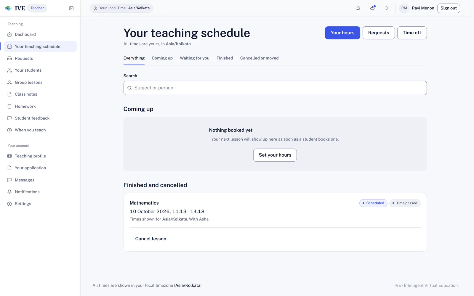 The teacher's schedule, with tabs for coming up, waiting for you, finished and cancelled